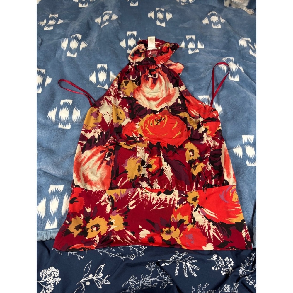 Arden B Womens Floral Halter Top Red Burgundy Gold Ruffle Neck Size L USA Made